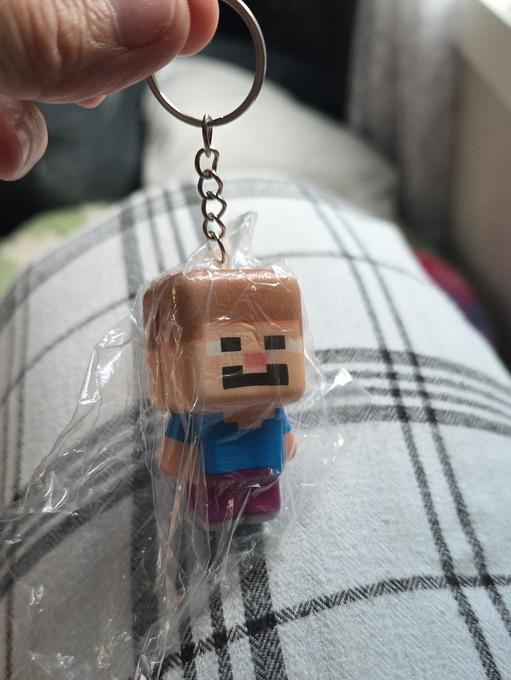 Minecraft Squishy Keychain in Blue Shirt and Brown Hair